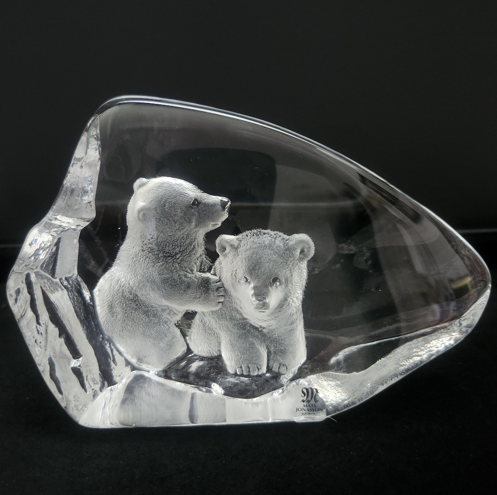 Mats Jonasson full lead crystal baby polar bear twin art made in Sweden